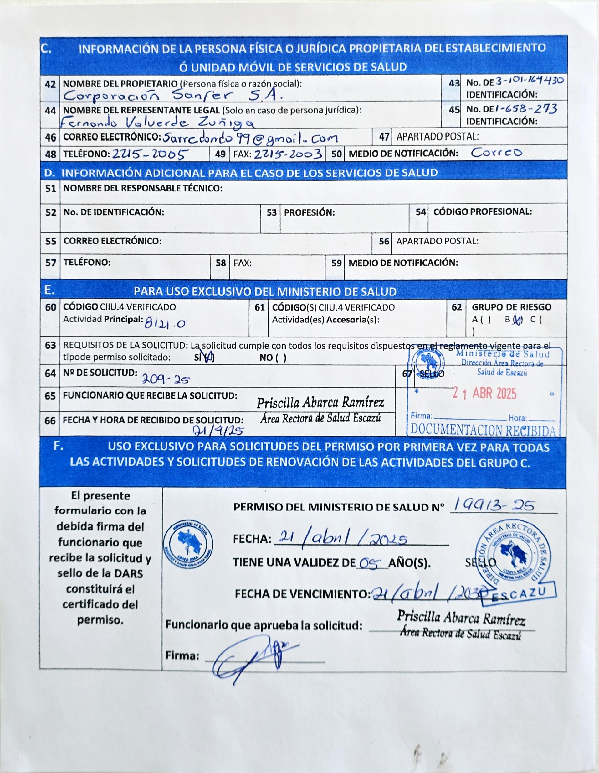 Permiso sanitario de funcionamiento del Ministerio de Salud de EcoPlagas